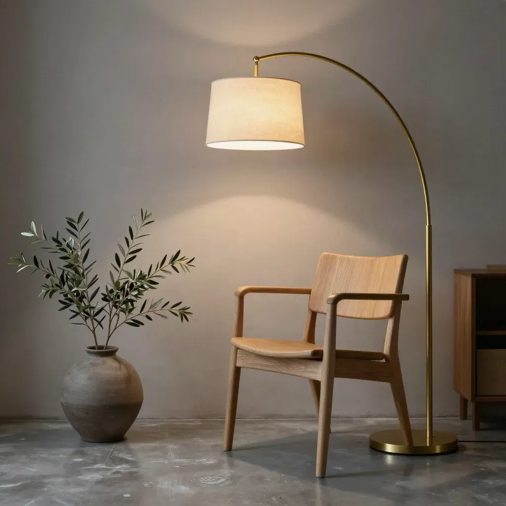 Brass arc floor lamp glowing beside an oak chair and ceramic planter at dusk.
