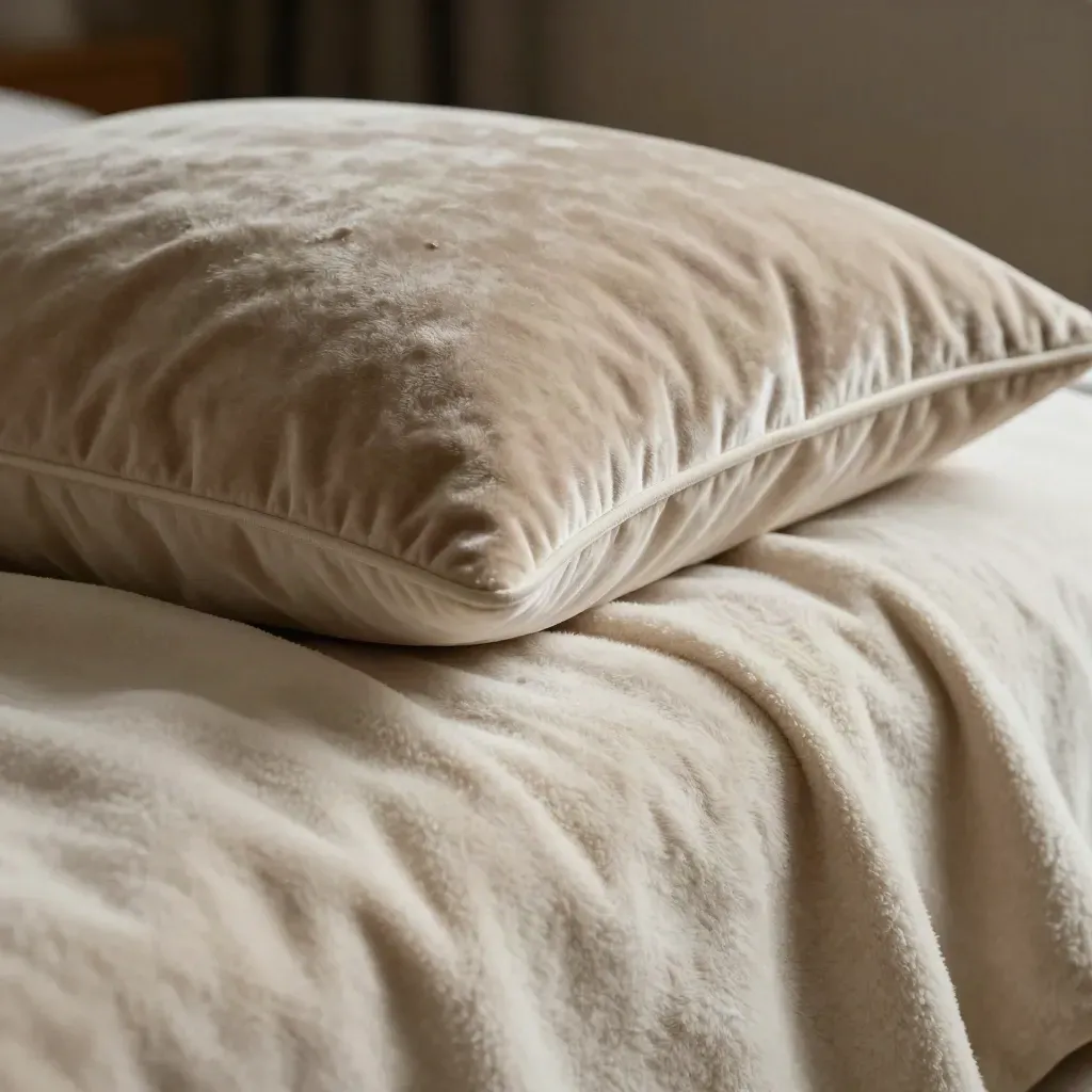 Moss velvet cushion in ivory throw and wool blanket, extreme macro textile study.
