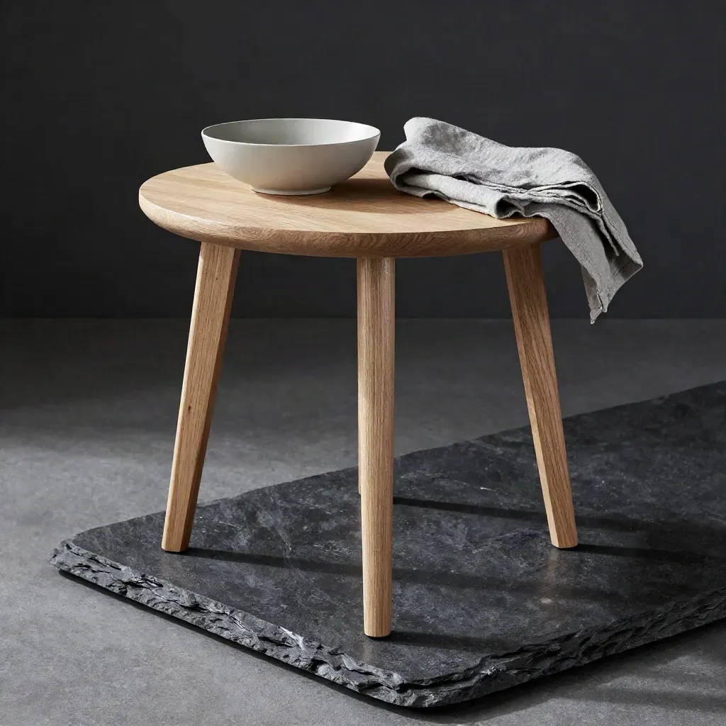 Linden oak side table with ceramic bowl and folded linen on a wet slate plinth