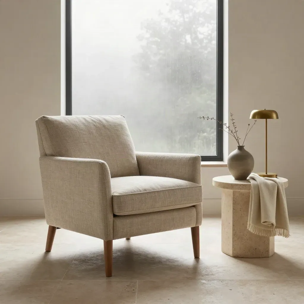 Oatmeal linen armchair beside stone side table, wool throw, vase and brass lamp in misty morning light.