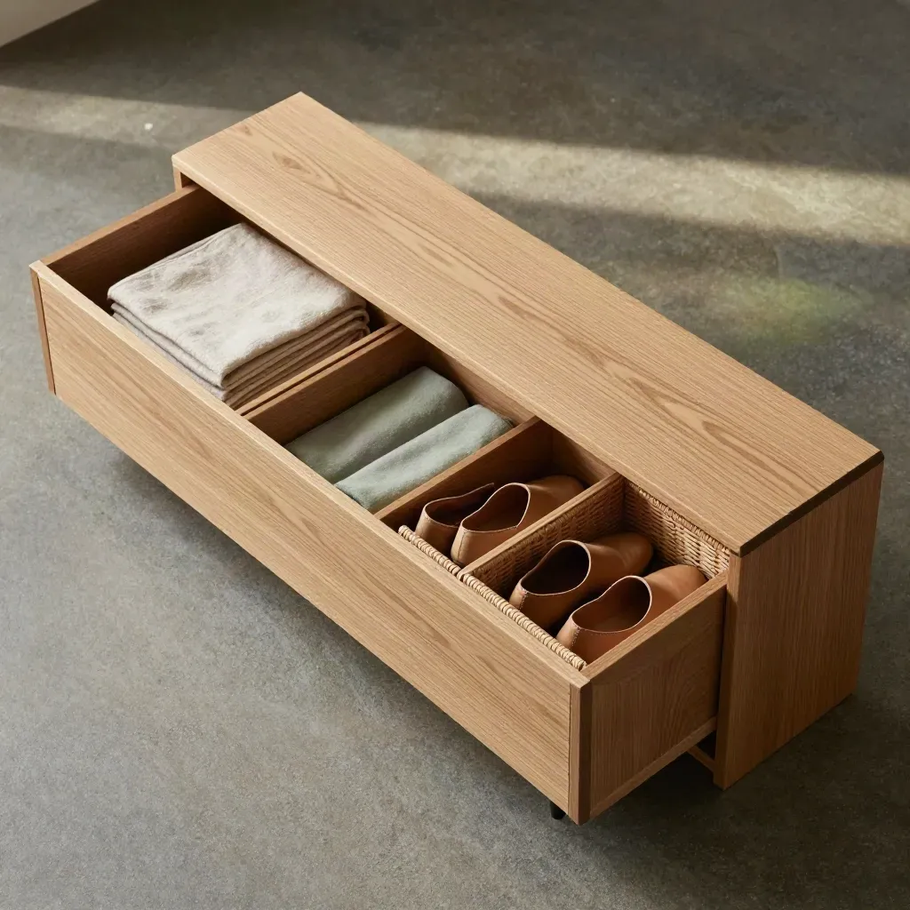 Overhead oak storage bench with folded throws, shoes and woven basket insert on stone