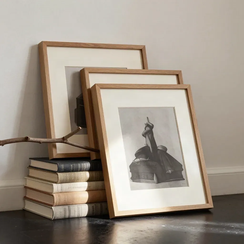 Oak gallery frames leaning against plaster with books and a branch in dramatic side light