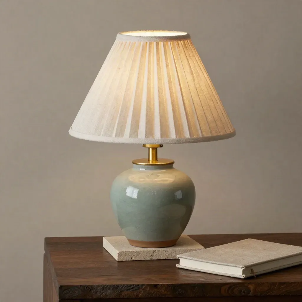 Sage-glazed lamp close-up with brass stem, stone bookends and linen notebook on walnut.