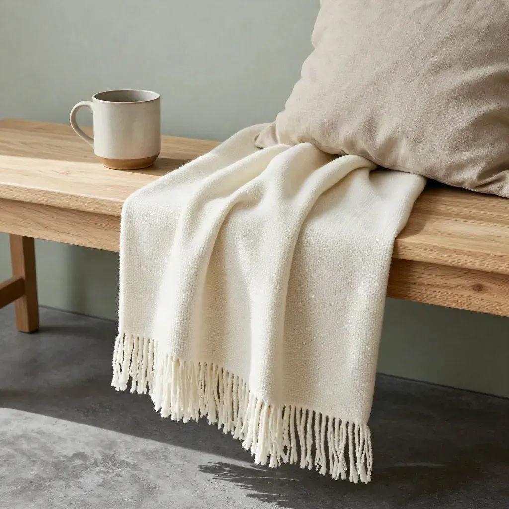 Ivory woven throw on pale oak bench with mug and linen cushion behind