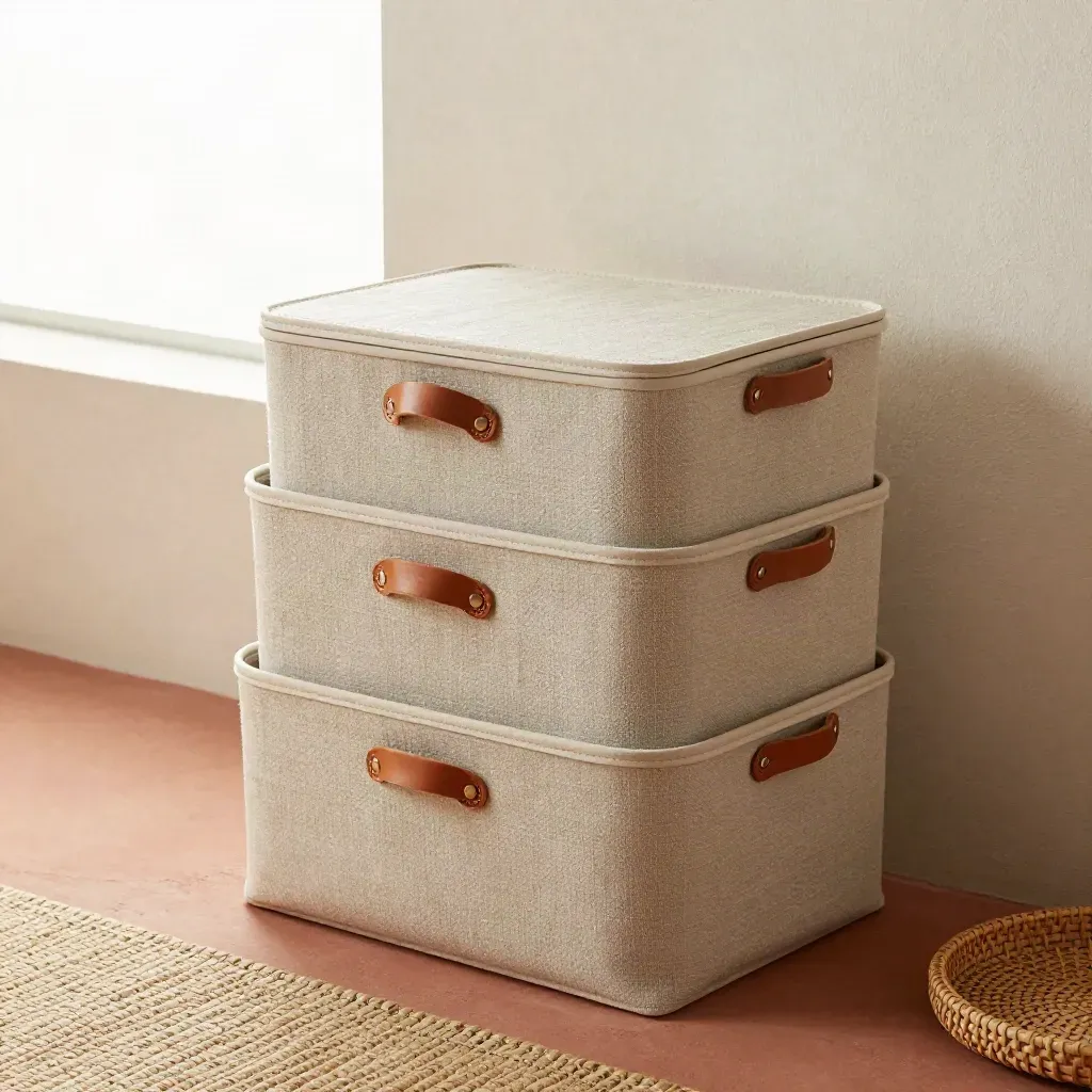 Nested neutral storage bins with leather handles by a plaster wall and woven rug.