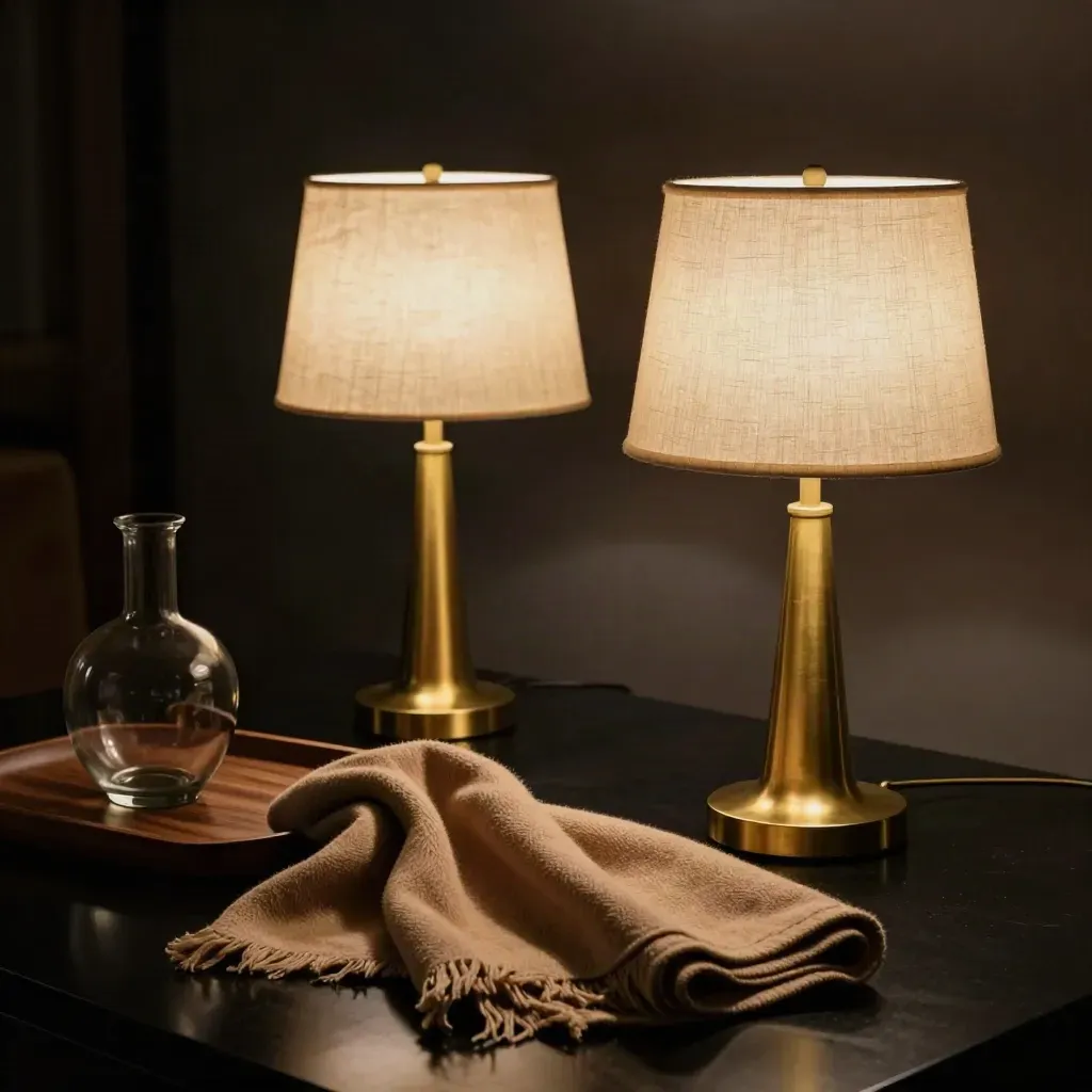 Brass lamps, linen shades, ochre throw, vase and tray in a moody lounge setup.