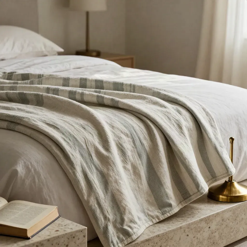 Sage striped throw draped on a linen bed beside a book and brass lamp base