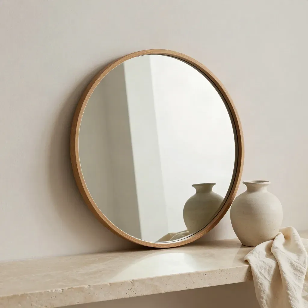 Round oak wall mirror with vase and linen cloth against a plaster wall, softly lit