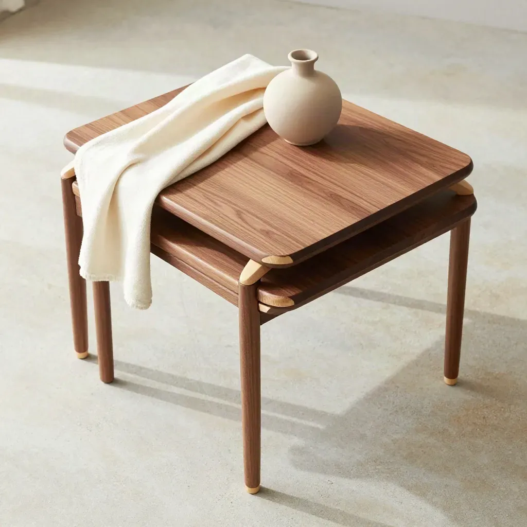 Overhead walnut nesting tables with an ivory throw and small vase on pale concrete.