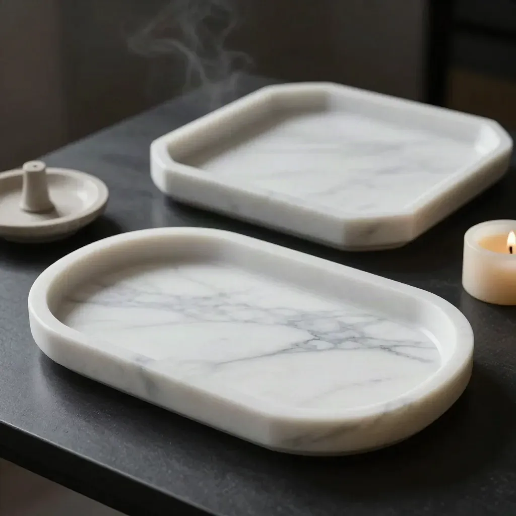 Marble tray set with dish and candle stub on a dark plinth, dramatic studio lighting