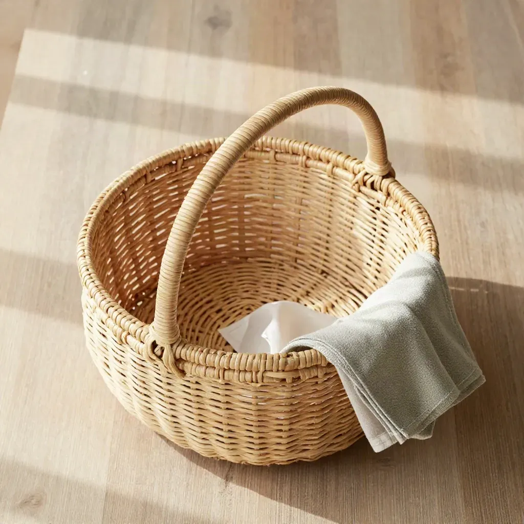 Cane baskets with towel and liner arranged diagonally on pale wood, overhead