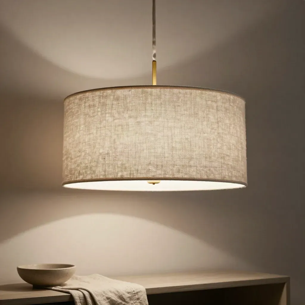 Oatmeal linen pendant glowing above a console with a ceramic bowl.