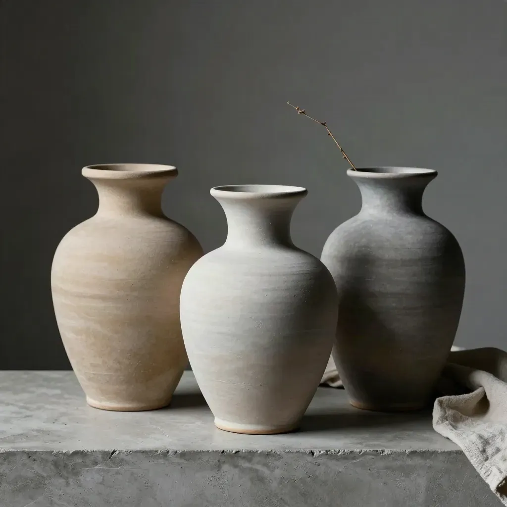 Three stoneware vases with a dried stem and linen scrap in a soft studio macro.