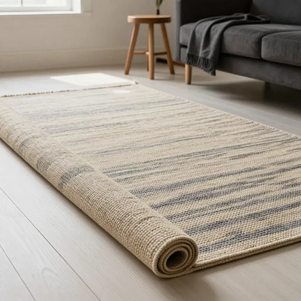 Rolled wool blend rug on pale boards with an oak stool, folded throw, and soft daylight.