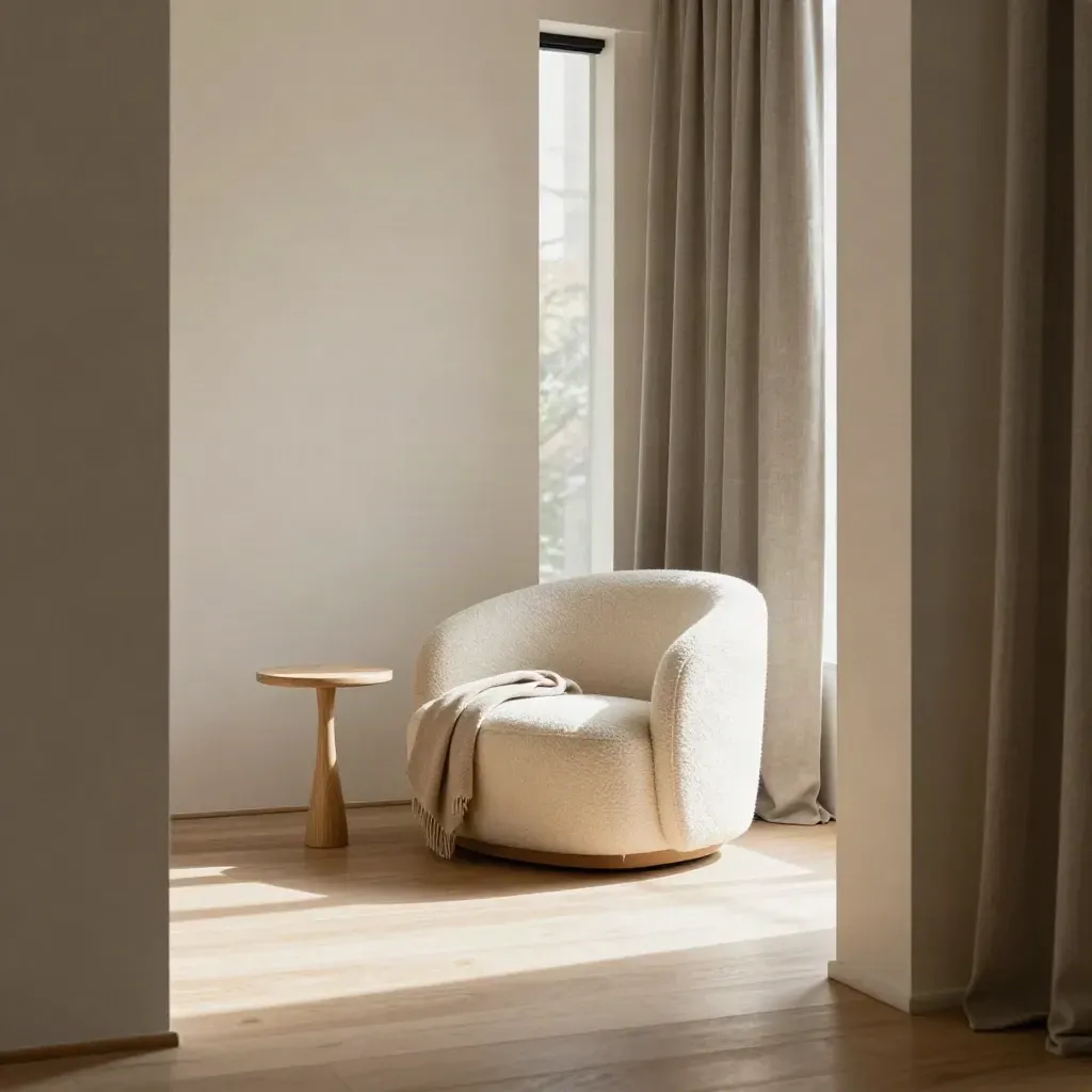 Sunlit living room corner with ivory armchair, oak table and open floor space