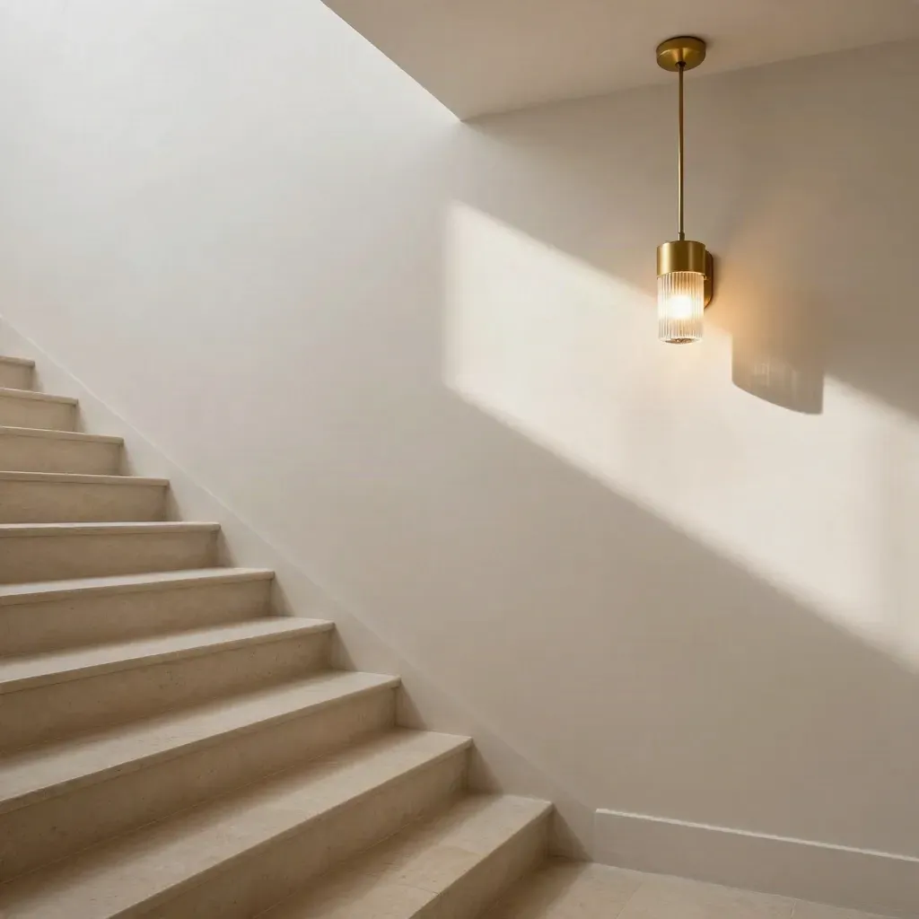 Sunlit stair landing with brass pendant and ribbed glass sconce on pale plaster
